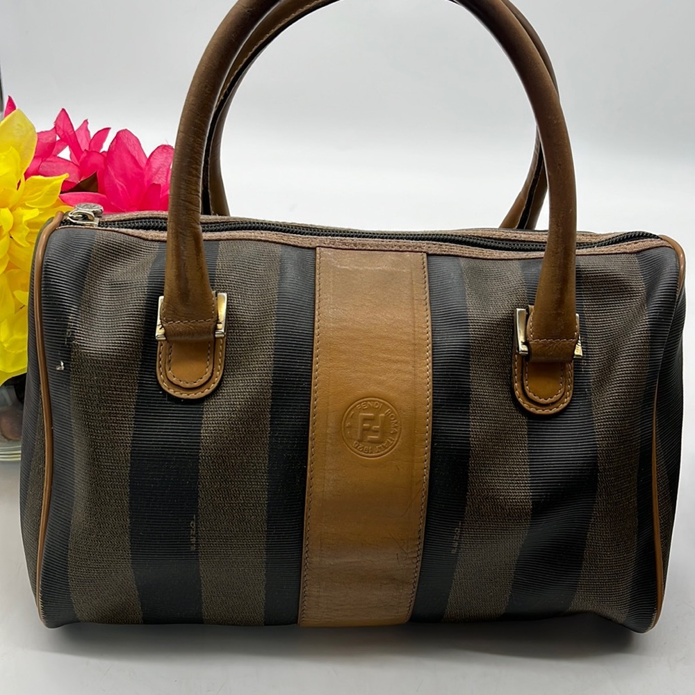 Fendi 1925 Pequin Boston Brown Tan Stripe Vintage Leather Handle Satchel Bag